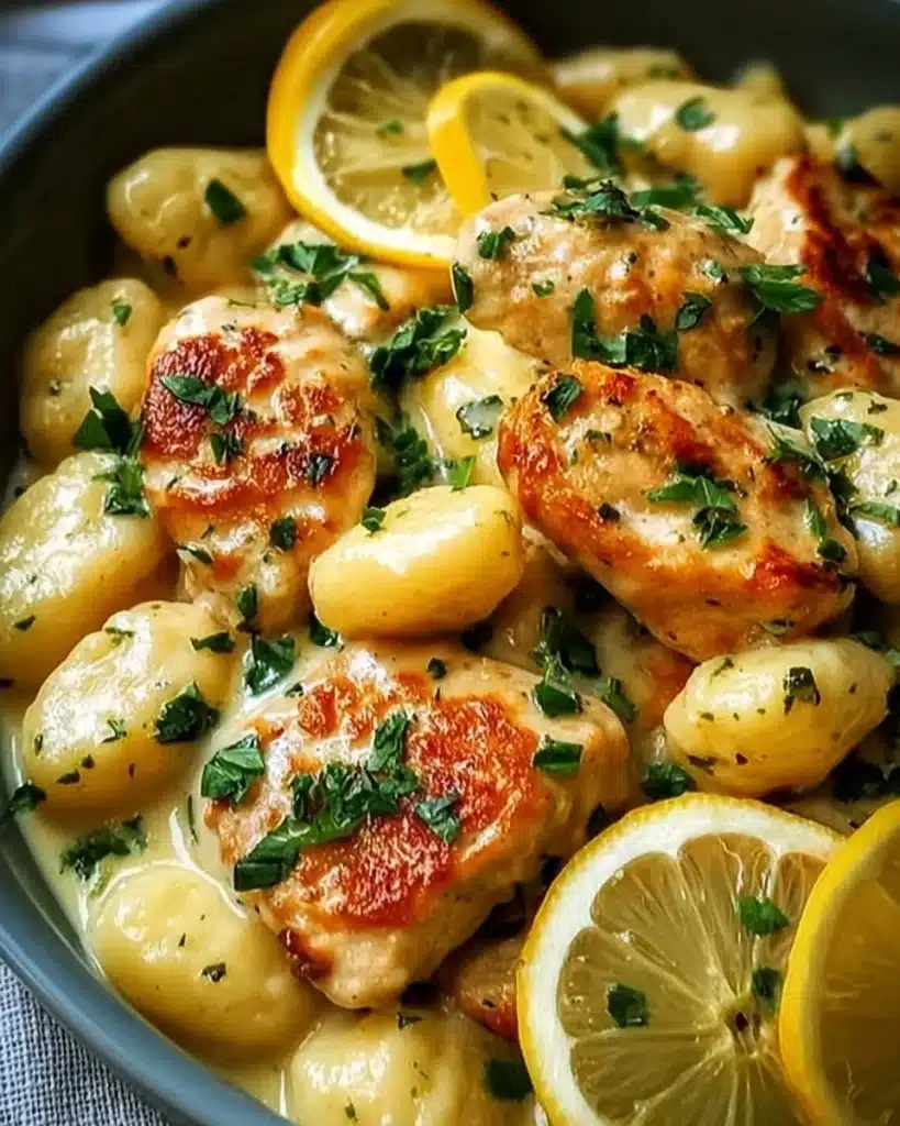 Bowl of Lemon Chicken Gnocchi with bright lemon slices and fresh herbs