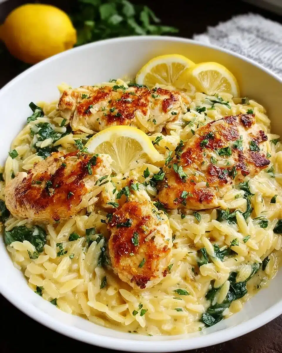Delicious lemon chicken orzo dish served in a bowl with fresh herbs