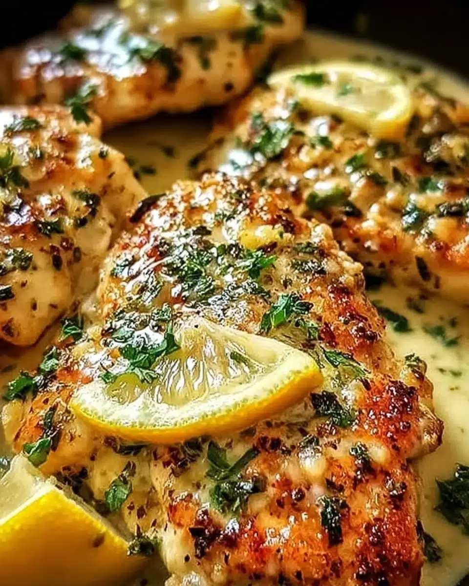 Plate of Lemon Chicken Romano garnished with herbs and lemon slices