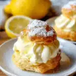Lemon cream puffs with zesty lemon filling and light pastry on a decorative plate.