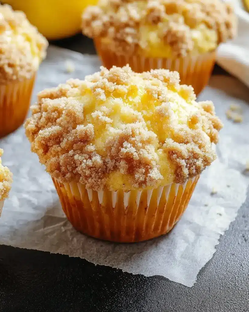 Freshly baked Lemon Crumb Muffins with a crunchy topping, perfect for any occasion