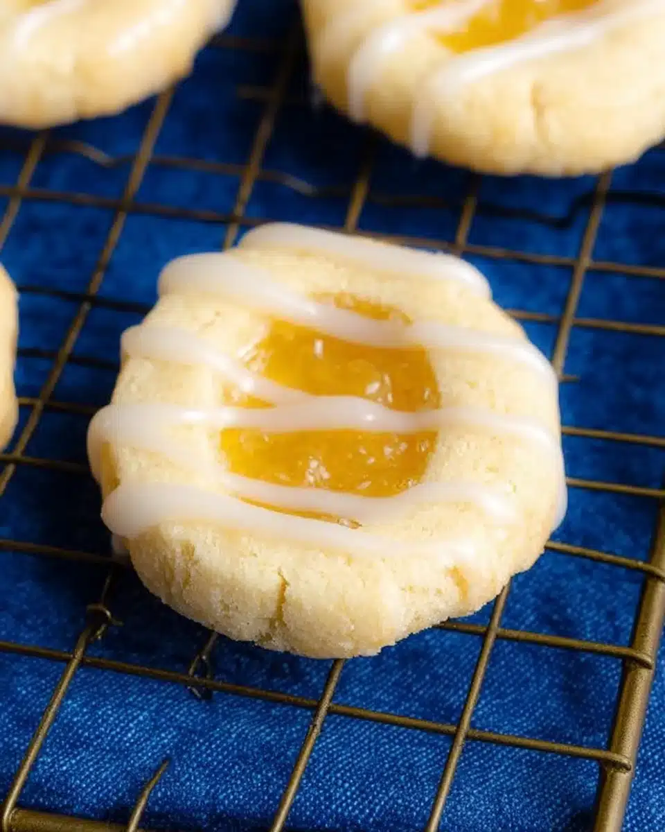Lemon curd shortbread cookies on a plate with fresh lemon slices.