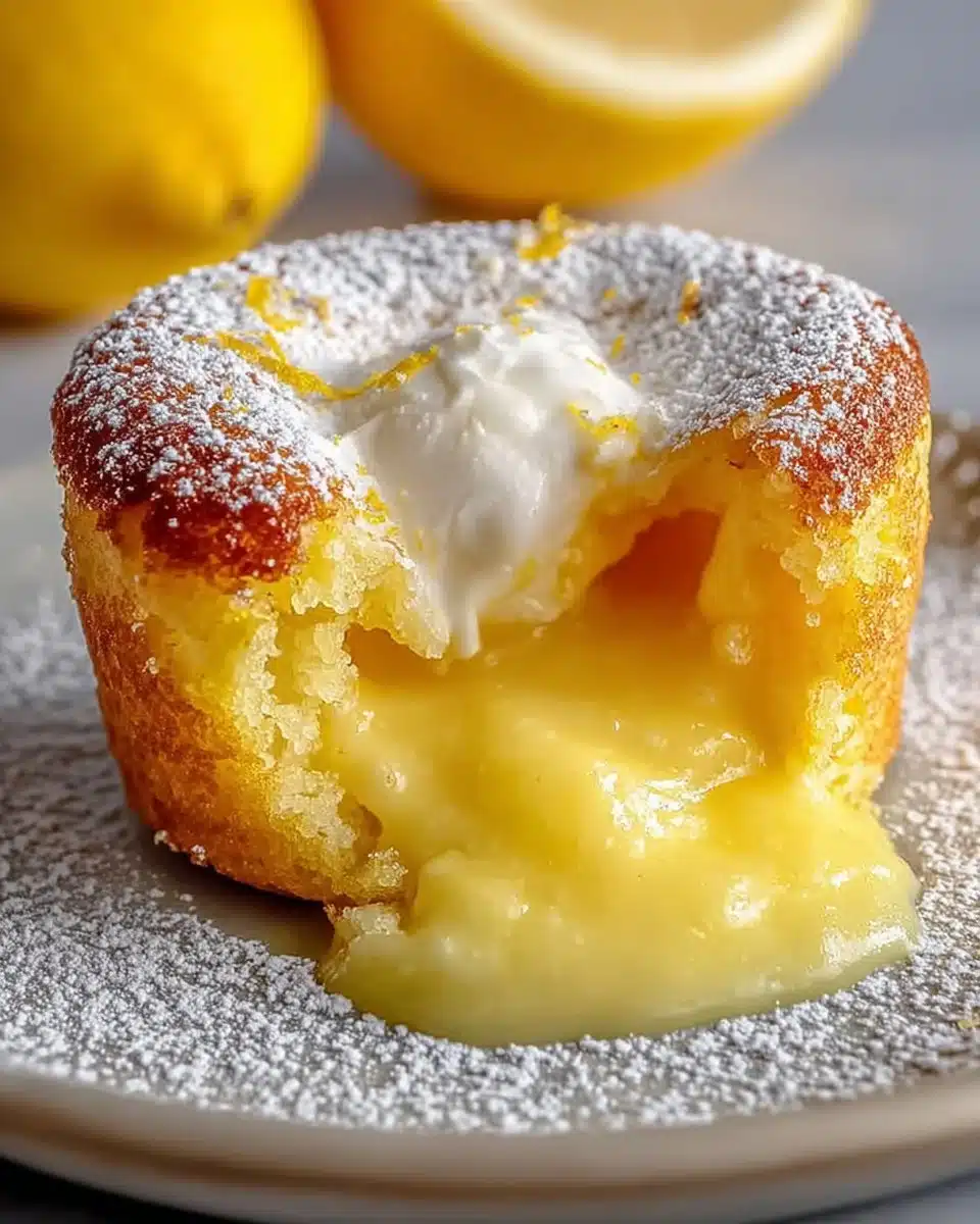 Delicious Lemon Lava Cake with a gooey lemon center and chocolate exterior.
