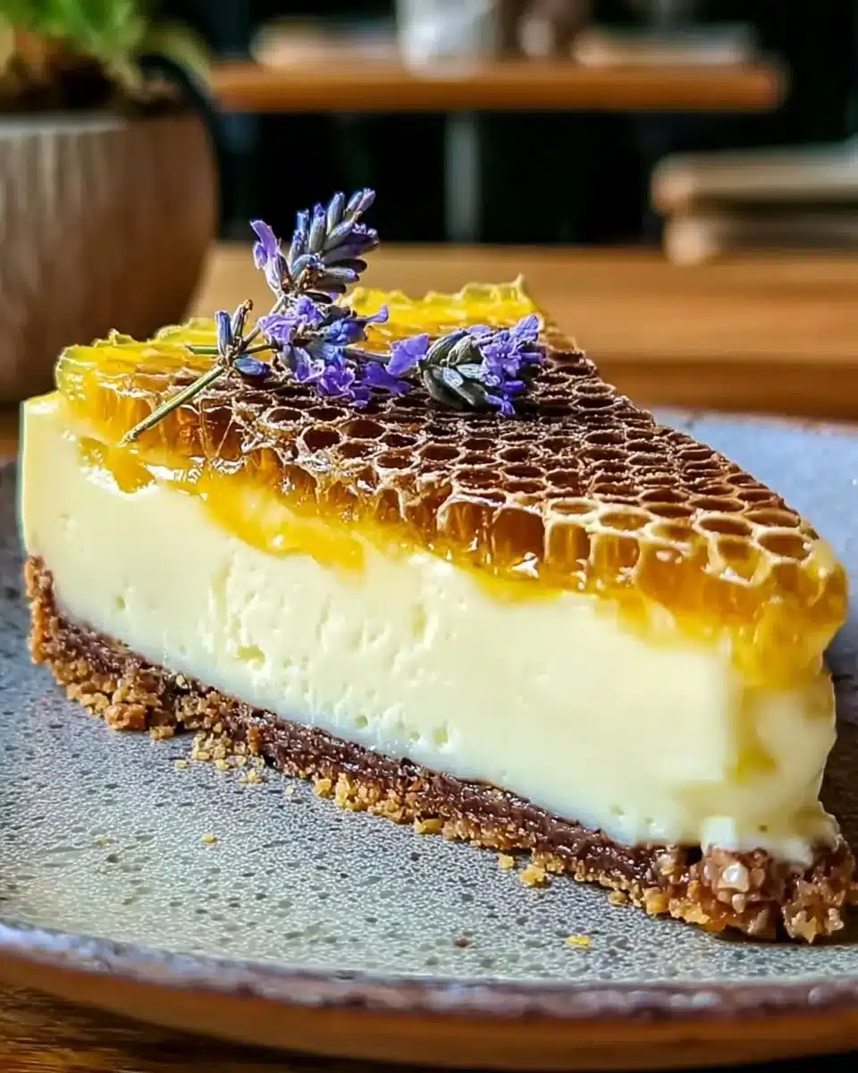 Delicious lemon lavender cheesecake topped with fresh lavender sprigs.