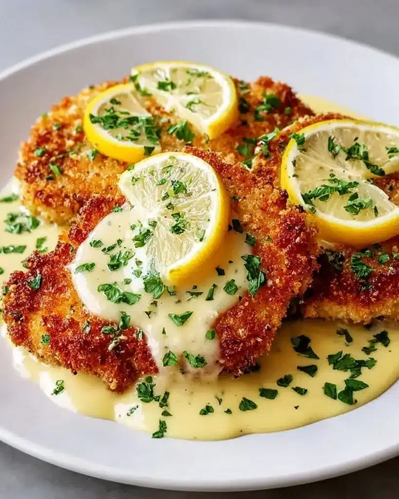 Lemon Pecorino Crusted Chicken garnished with herbs and lemon slices