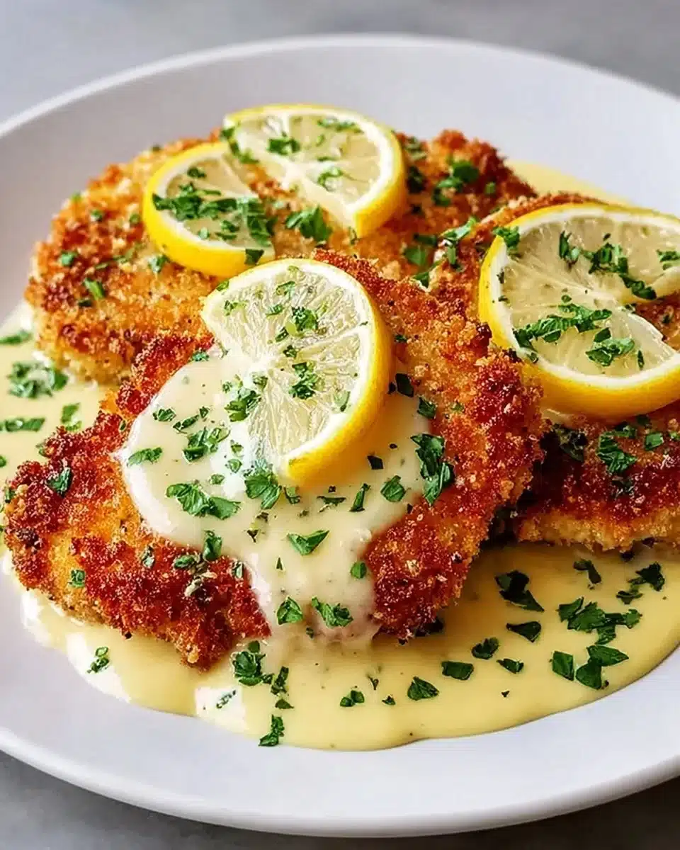Lemon Pecorino Crusted Chicken garnished with herbs and lemon slices
