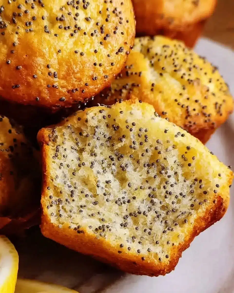 Freshly baked lemon poppy seed muffins on a cooling rack