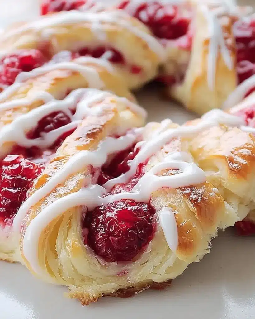 Lemon raspberry cream cheese danish rolls on a rustic wooden table