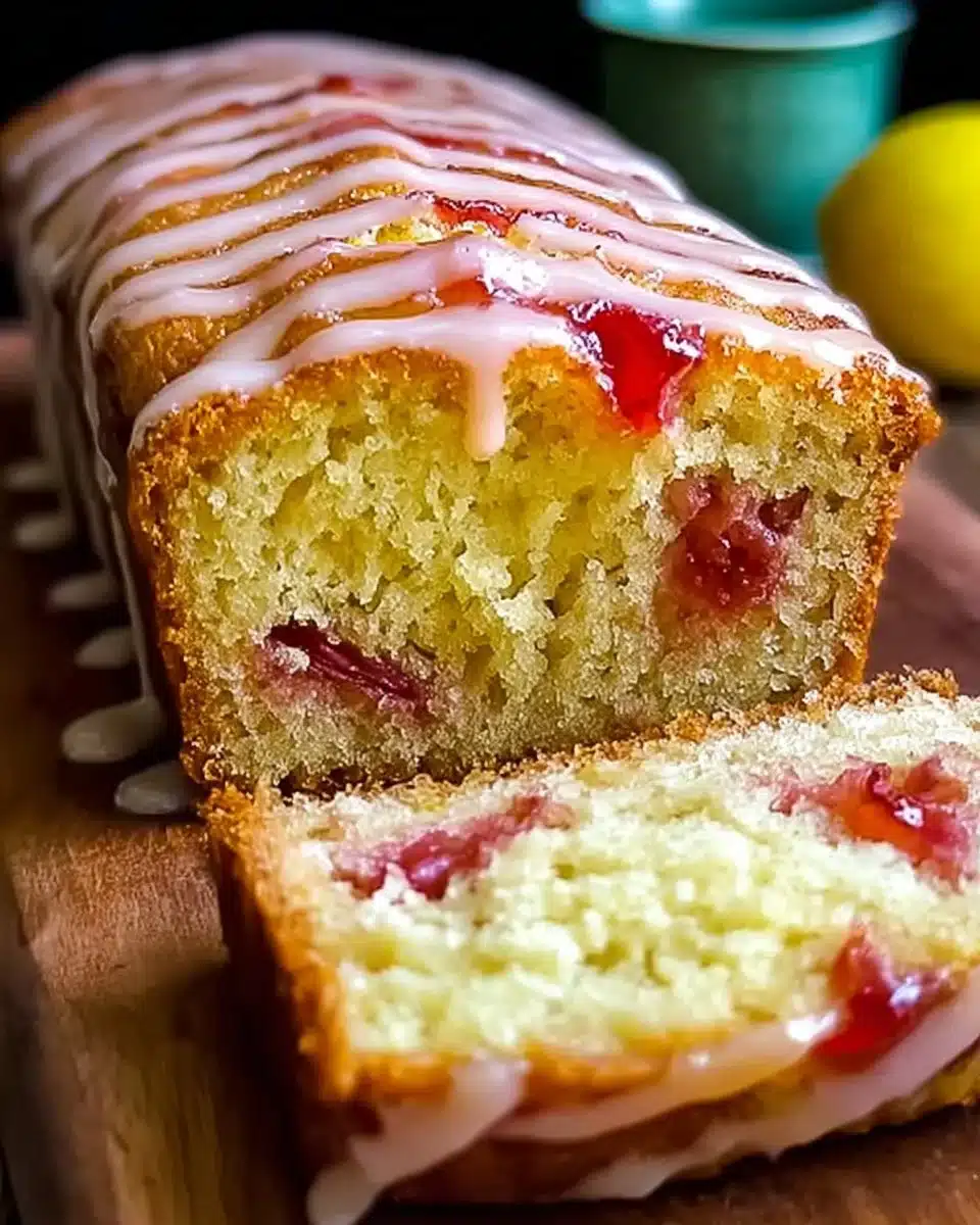 Sliced Lemon Rhubarb Loaf on a wooden cutting board, showcasing its moist texture.