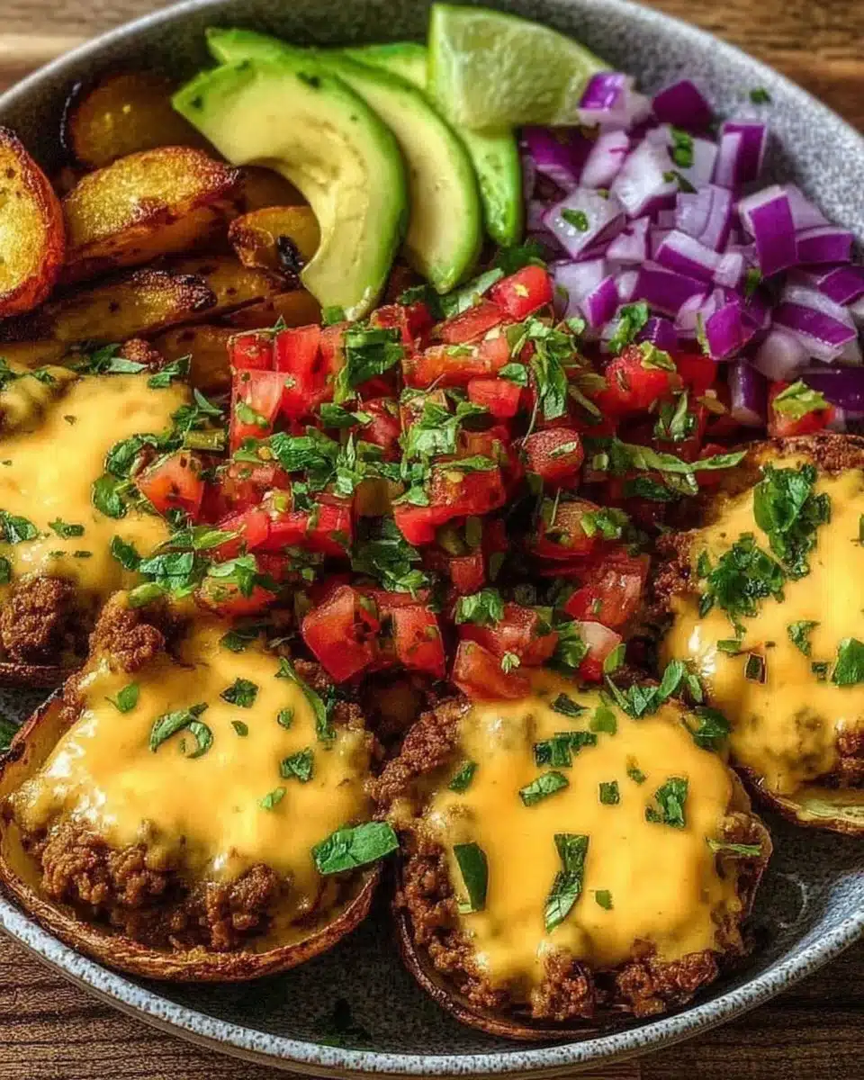 Delicious Loaded Fiesta Potato Bowls featuring toppings and creamy potatoes.