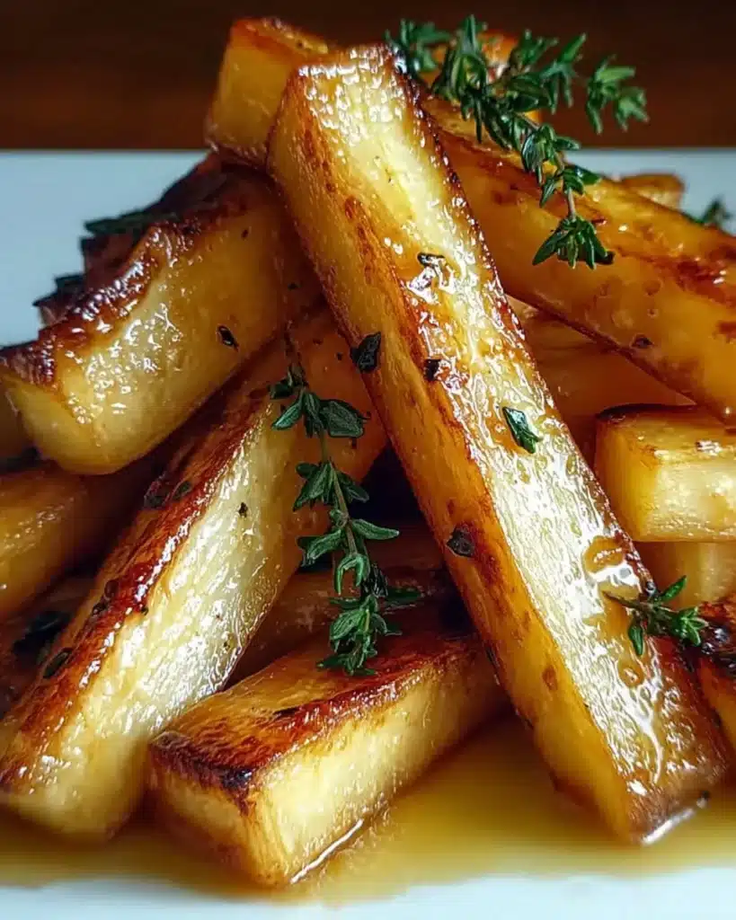 Maple roasted parsnips garnished with thyme, served on a platter.