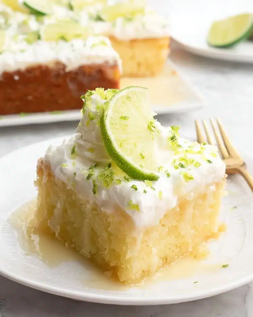 Delicious Margarita Poke Cake topped with lime and tequila flavors.