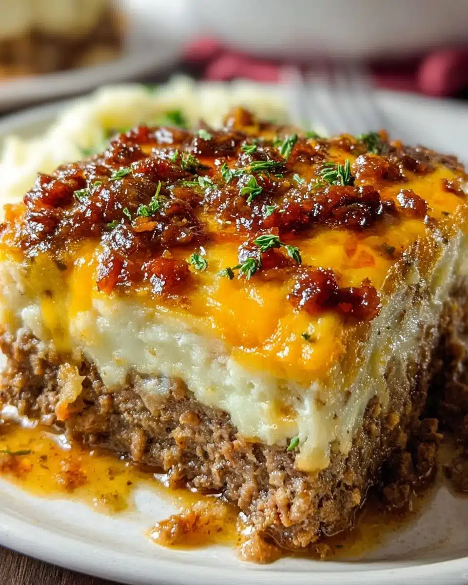 Juicy meatloaf served with creamy mashed potatoes and melted cheese on top