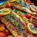 Mediterranean baked fish served with herbs and vegetables