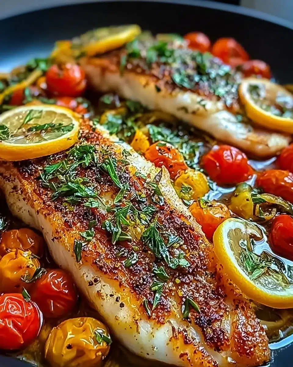 Mediterranean baked fish served with herbs and vegetables