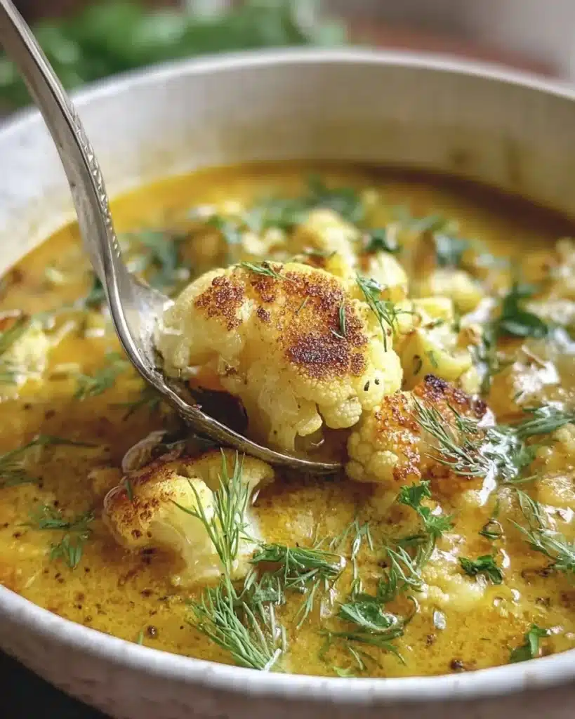A bowl of creamy Mediterranean Cauliflower Soup garnished with fresh herbs.