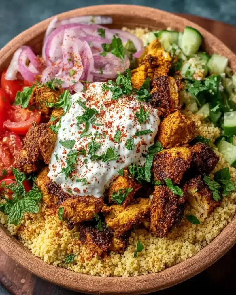 Colorful Mediterranean Chicken Couscous Bowl with fresh ingredients and spices