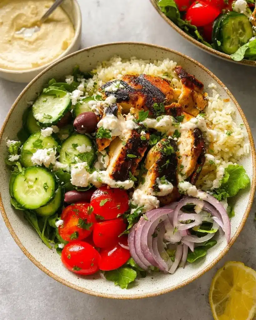 Delicious Mediterranean chicken and rice bowl with fresh vegetables and herbs