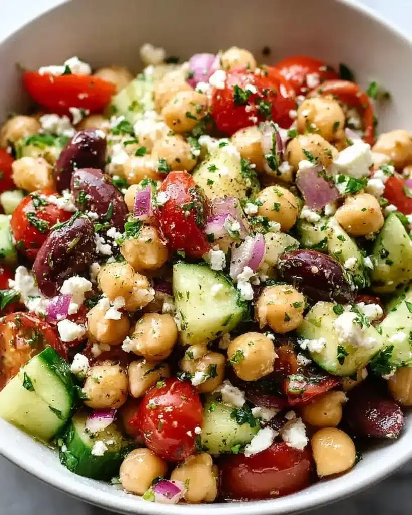 Mediterranean Chickpea Feta Salad with fresh vegetables and dressing