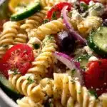 Colorful Mediterranean Pasta Salad with olives, feta, and fresh vegetables.