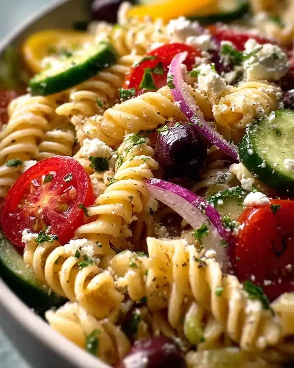 Colorful Mediterranean Pasta Salad with olives, feta, and fresh vegetables.