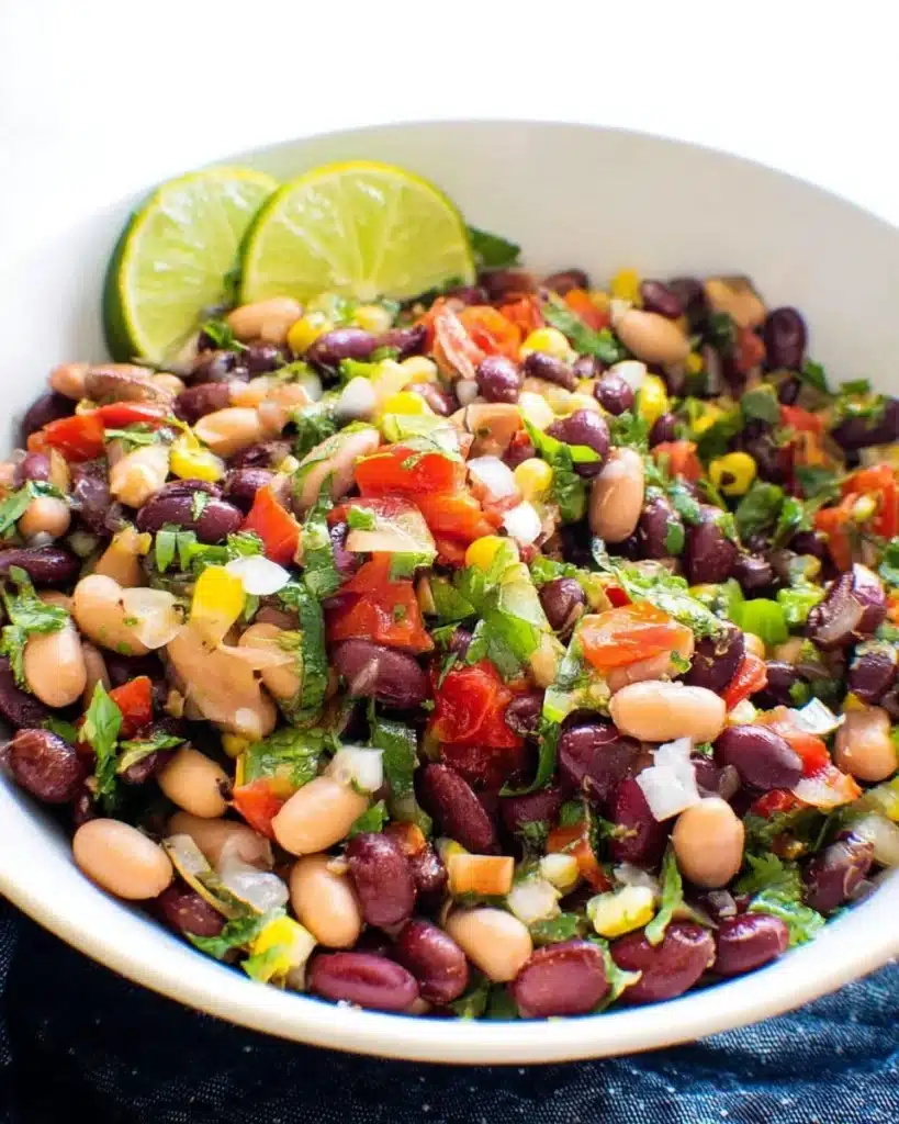 Colorful Mexican bean salad with fresh vegetables and herbs in a bowl.