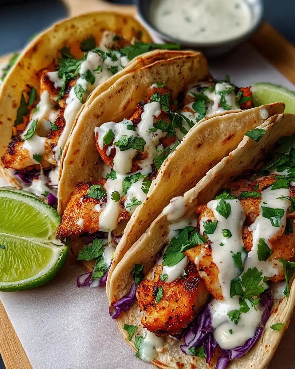 Plate of Mexican fish tacos garnished with zesty lime and fresh toppings