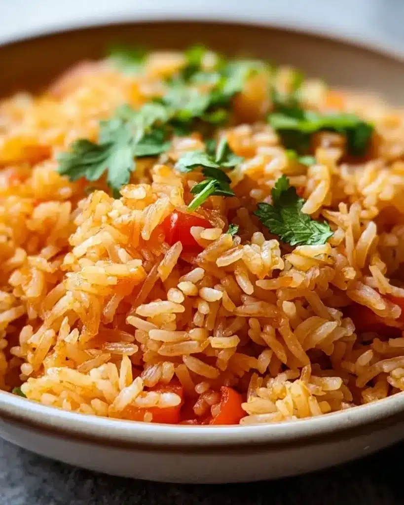 Delicious homemade Mexican rice served with vibrant garnishes