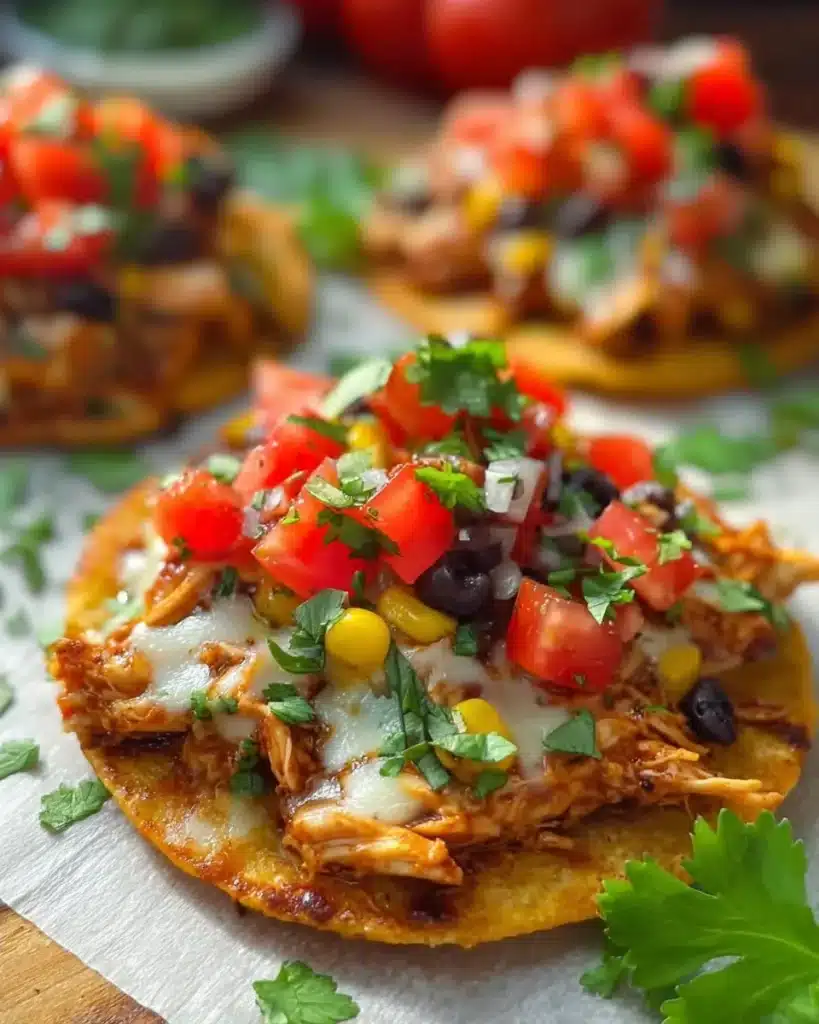 Mexican Rotisserie Chicken Tostadas topped with fresh ingredients and spices.