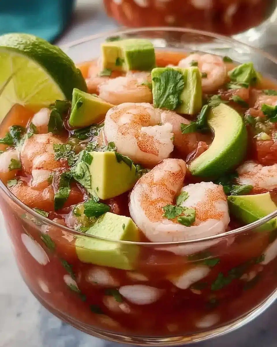 Delicious Mexican shrimp cocktail garnished with fresh cilantro and lime