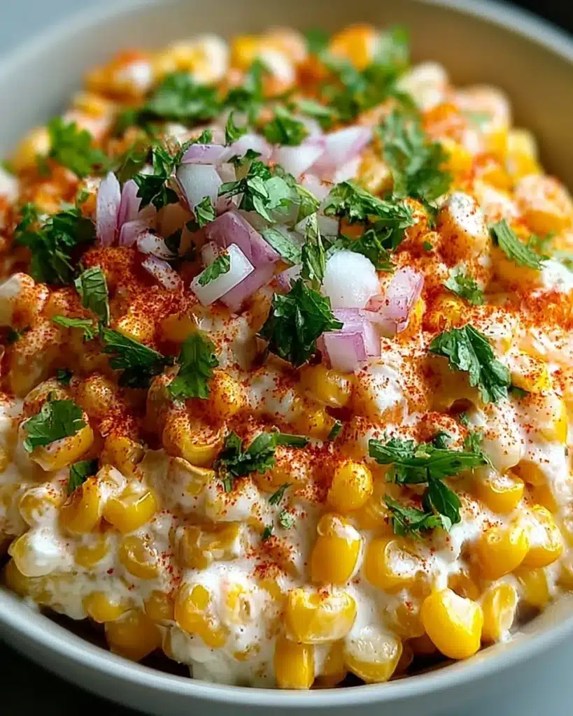 Bowl of Mexican Street Corn Dip with toppings and tortilla chips
