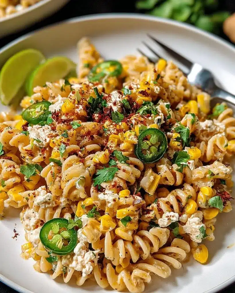 Bowl of Mexican Street Corn Pasta Salad with corn, pasta, and spices