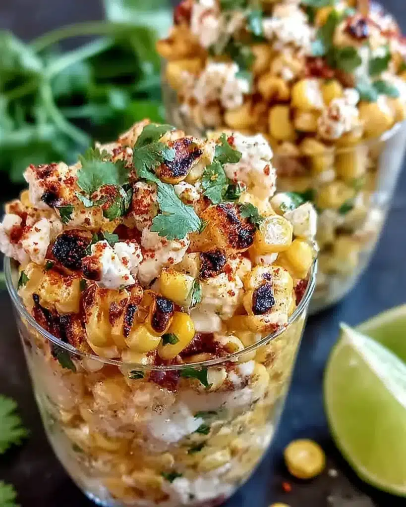 Mexican street corn salad cups served in vibrant cups with toppings.