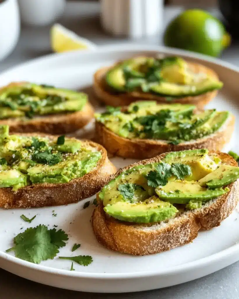 Mini avocado toasts topped with herbs and spices for a healthy snack