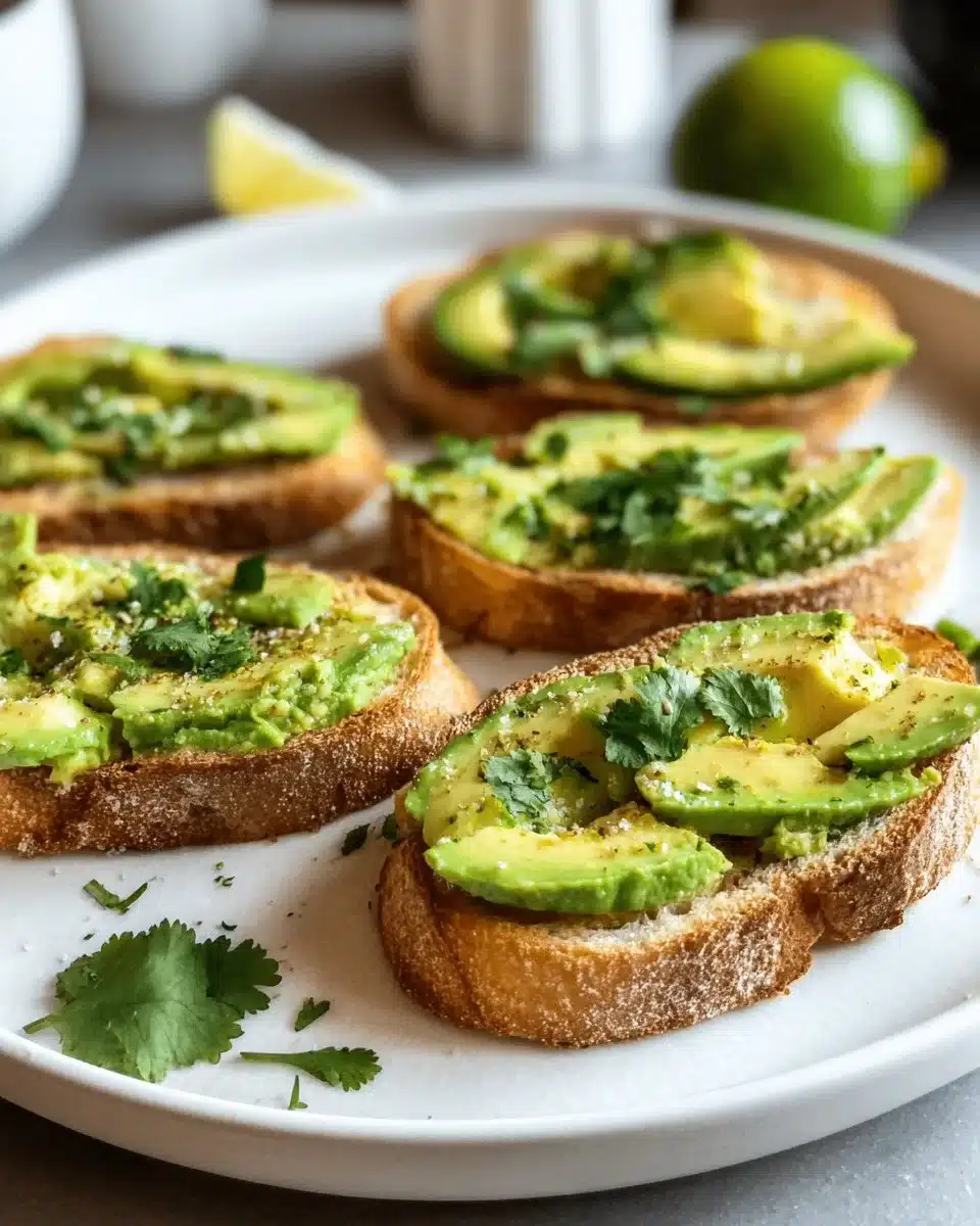 Mini avocado toasts topped with herbs and spices for a healthy snack