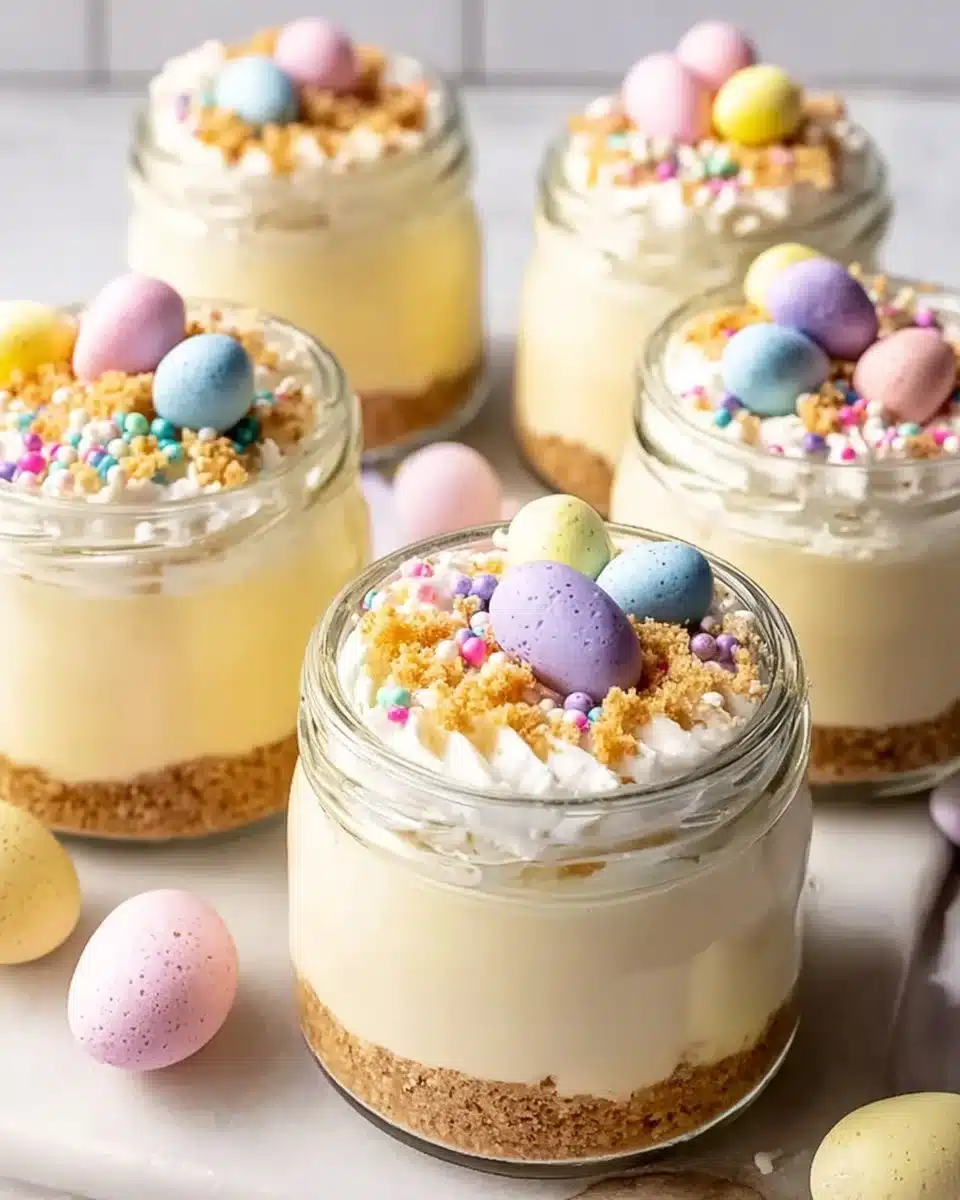 Mini Easter Cheesecake Jars topped with festive decorations