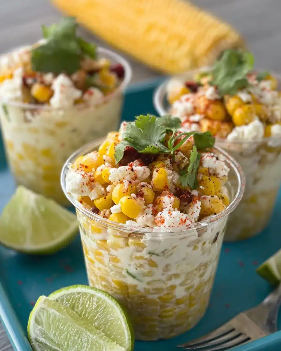 Mini Street Corn Cups served in vibrant cups, garnished with fresh toppings.