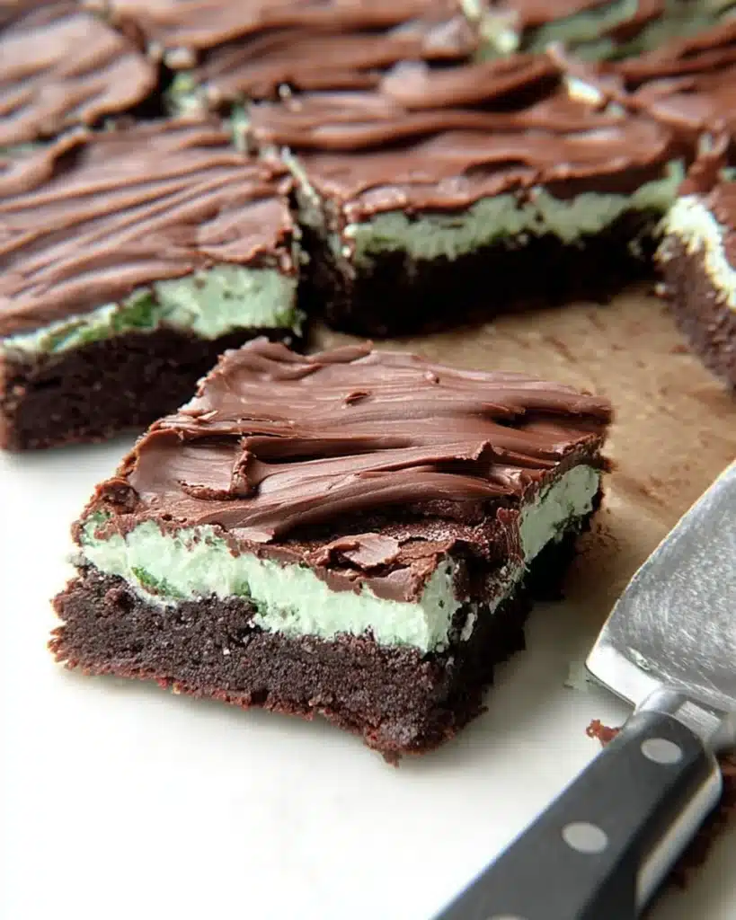 Delicious mint brownies topped with creamy mint frosting and chocolate drizzle.