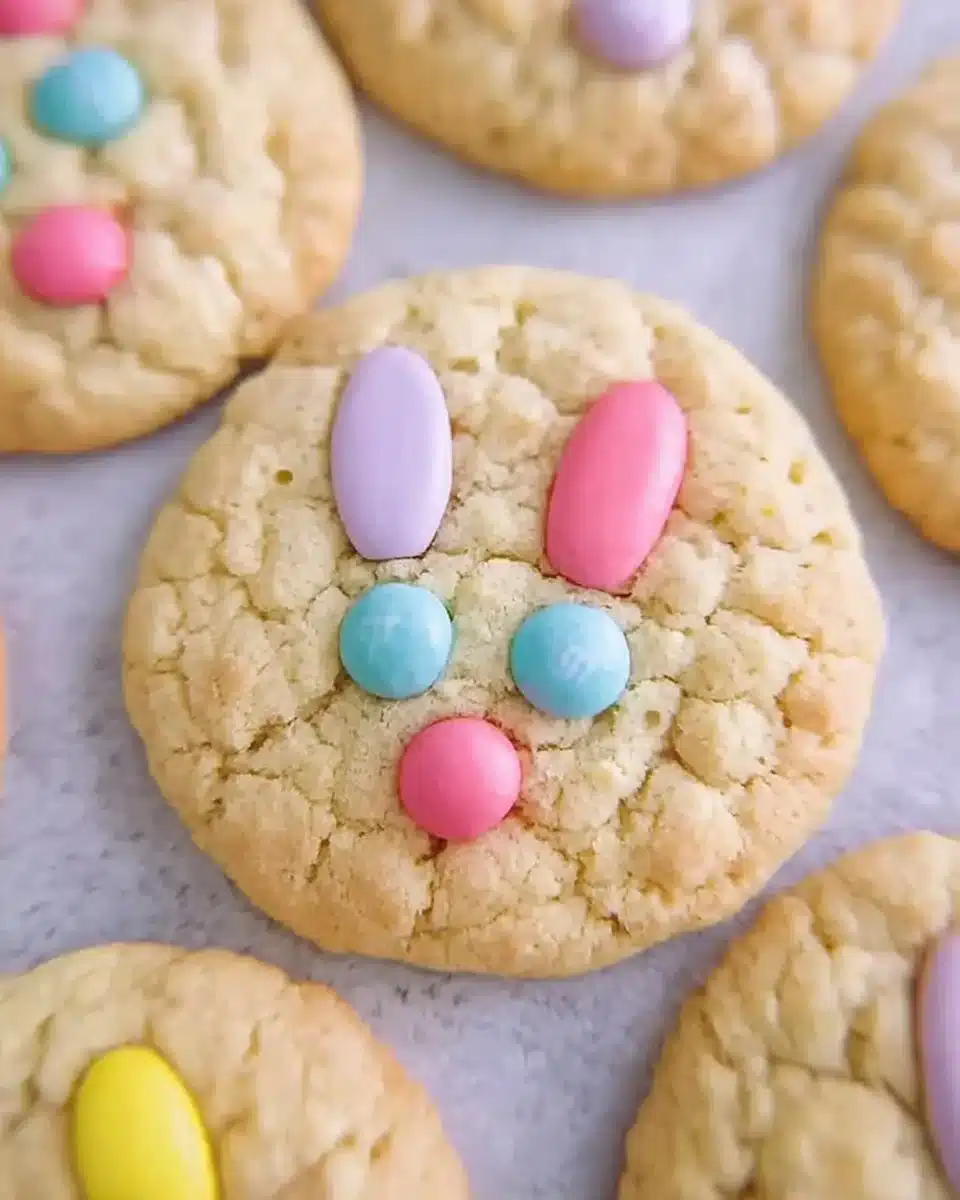 Colorful M&M Bunny Cookies, perfect for Easter celebrations and festive treats