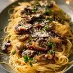 Delicious mushroom pasta cooked in garlic and olive oil