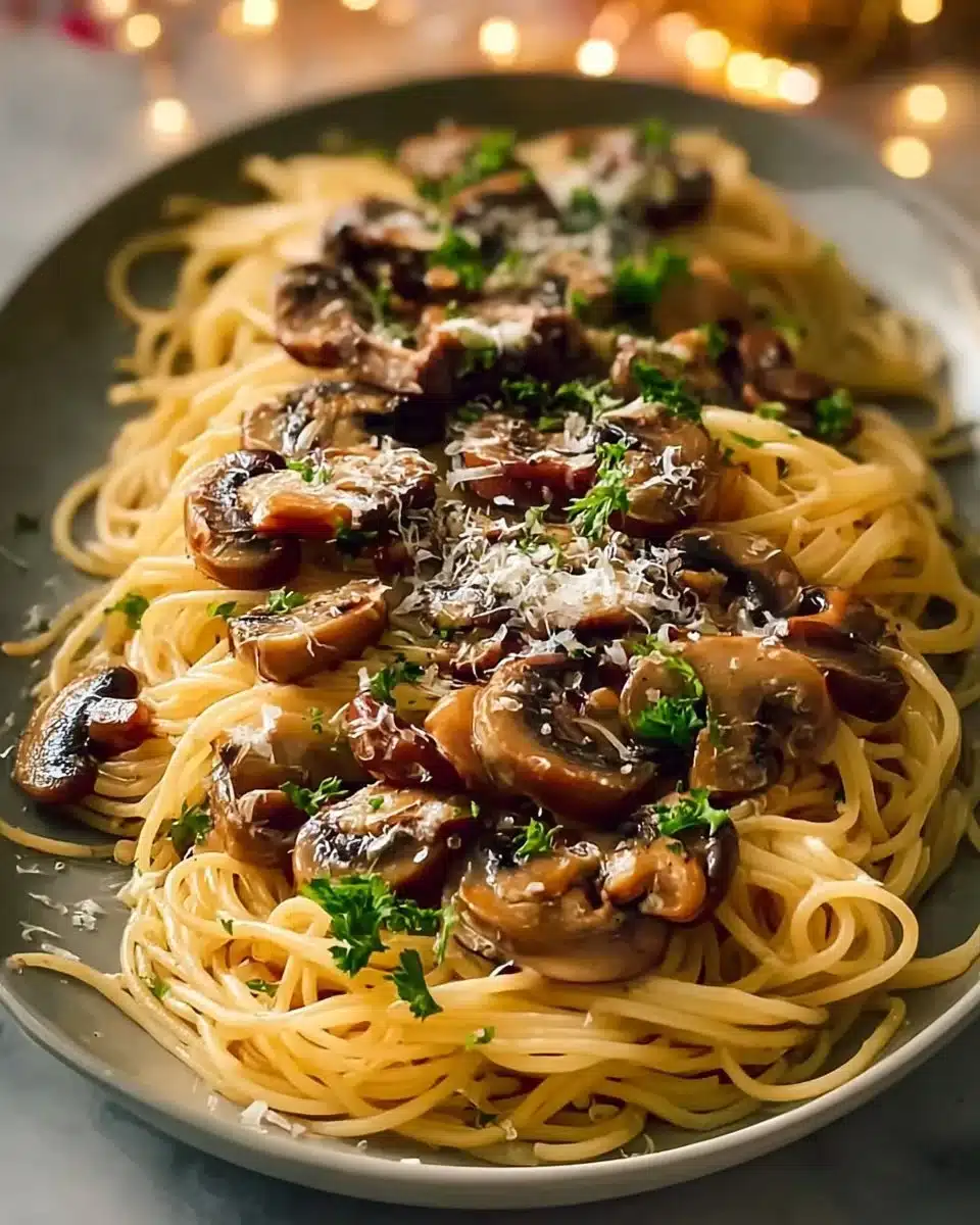 Delicious mushroom pasta cooked in garlic and olive oil