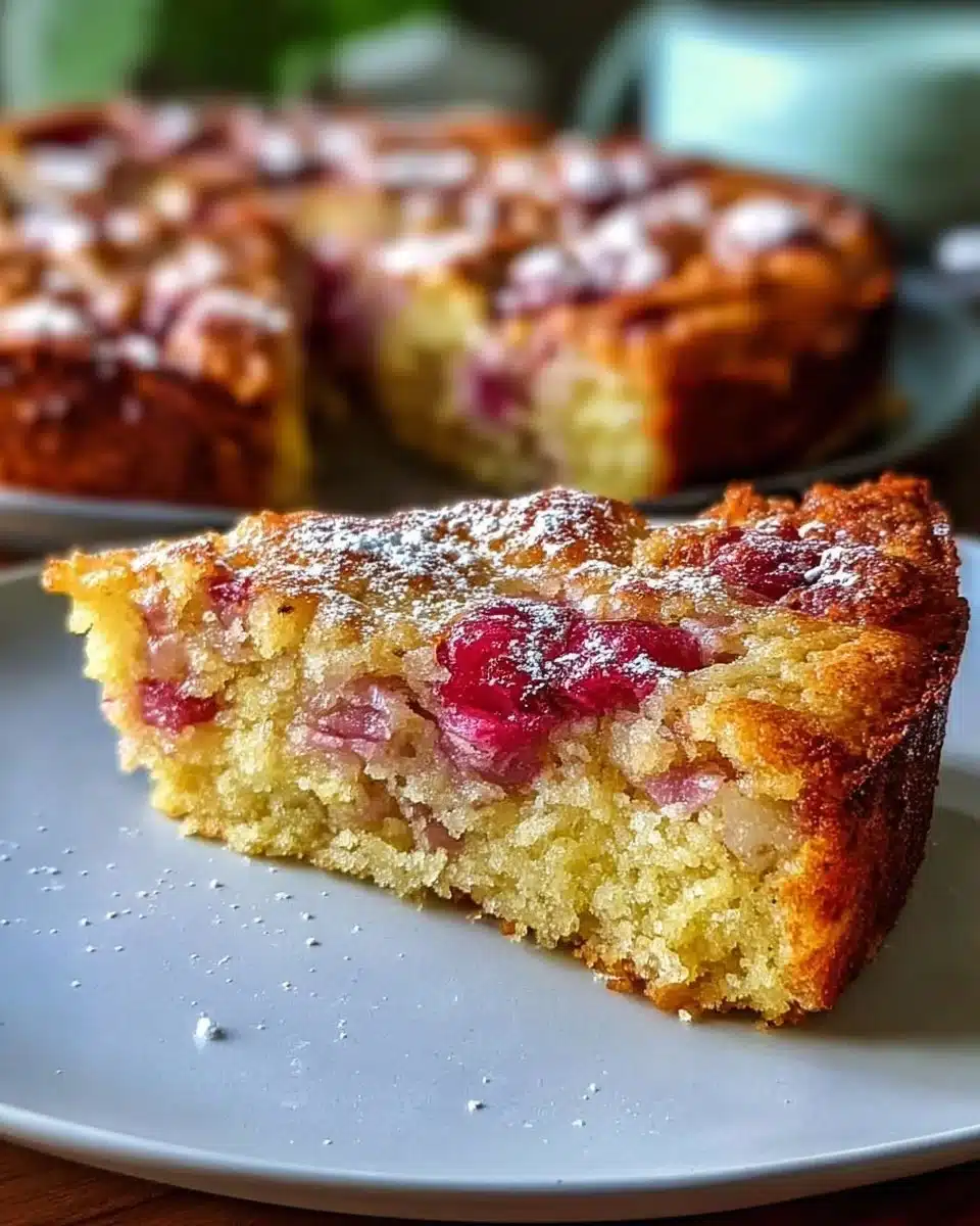 Slice of Norwegian Rhubarb Cake topped with whipped cream on a plate