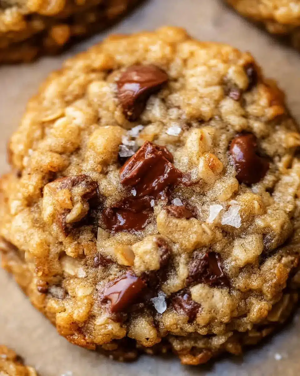 Freshly baked oatmeal chocolate chip cookies on a cooling rack.