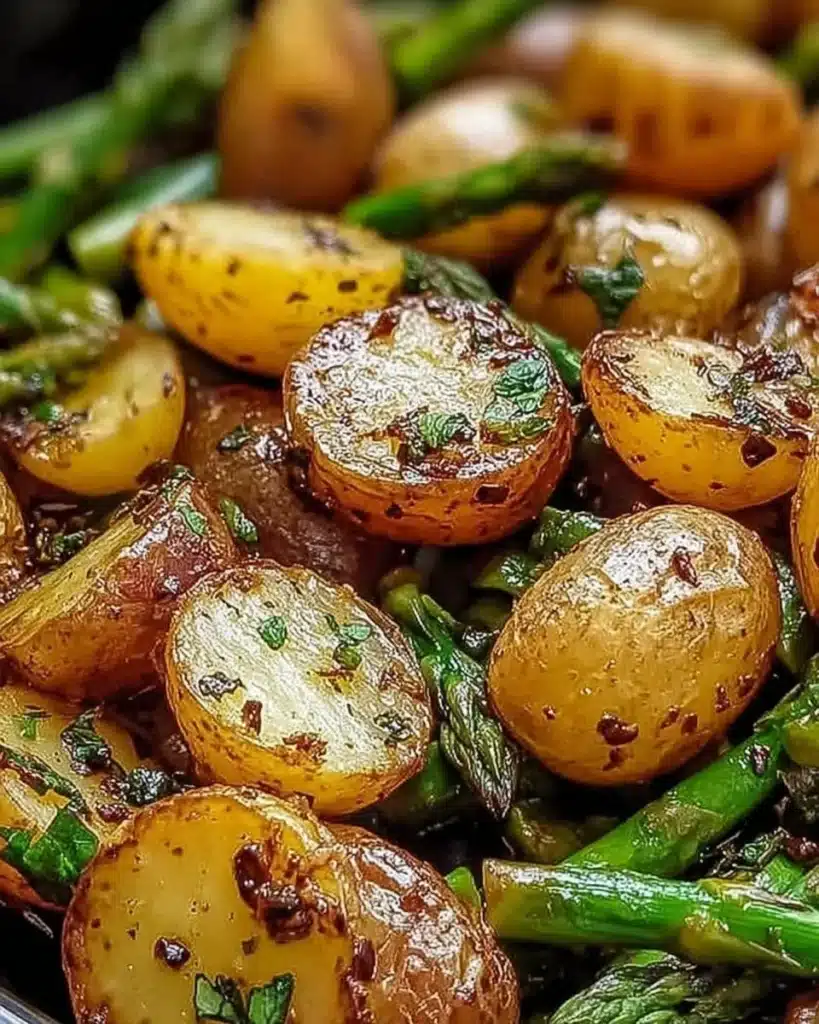 One-Pan Garlic Potatoes and Asparagus dish with herbs and seasonings