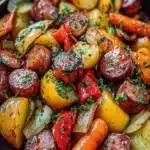 Delicious honey garlic kielbasa with vibrant mixed veggies in a one-pan dish