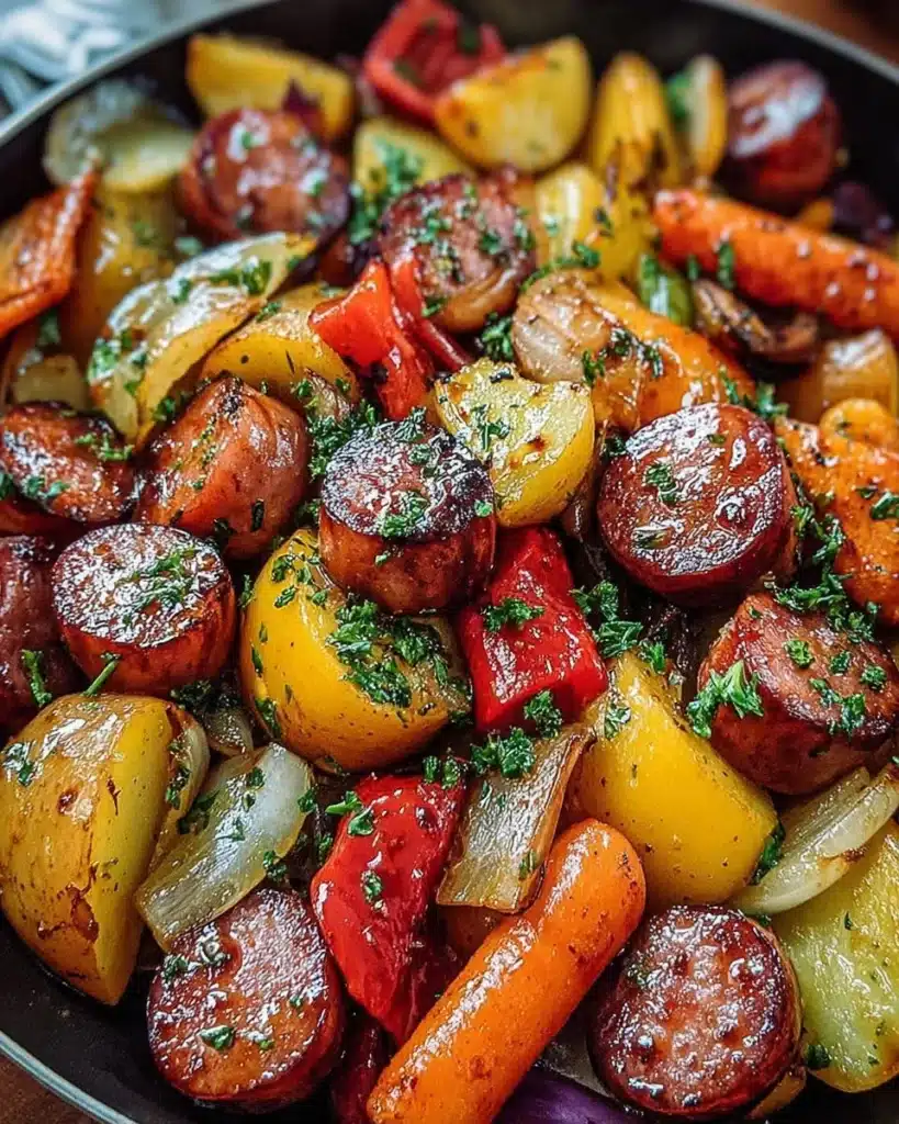 Delicious honey garlic kielbasa with vibrant mixed veggies in a one-pan dish