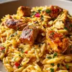 One Pot Cajun Chicken Alfredo Orzo served in a bowl with fresh herbs