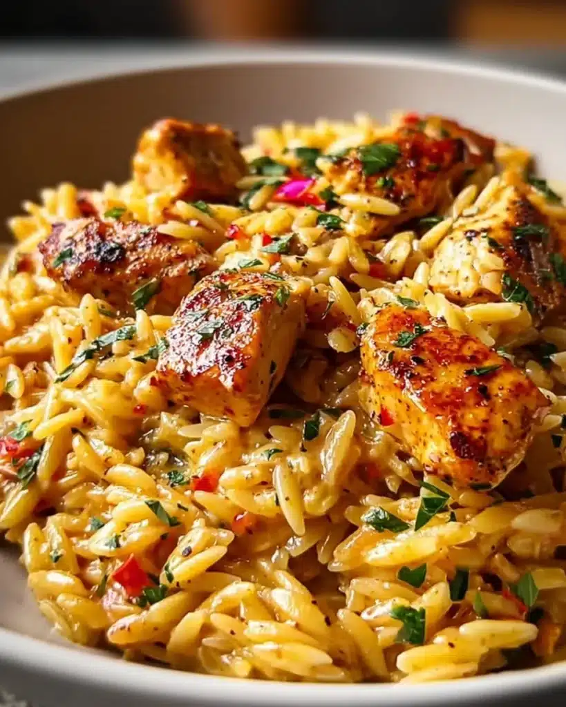 One Pot Cajun Chicken Alfredo Orzo served in a bowl with fresh herbs