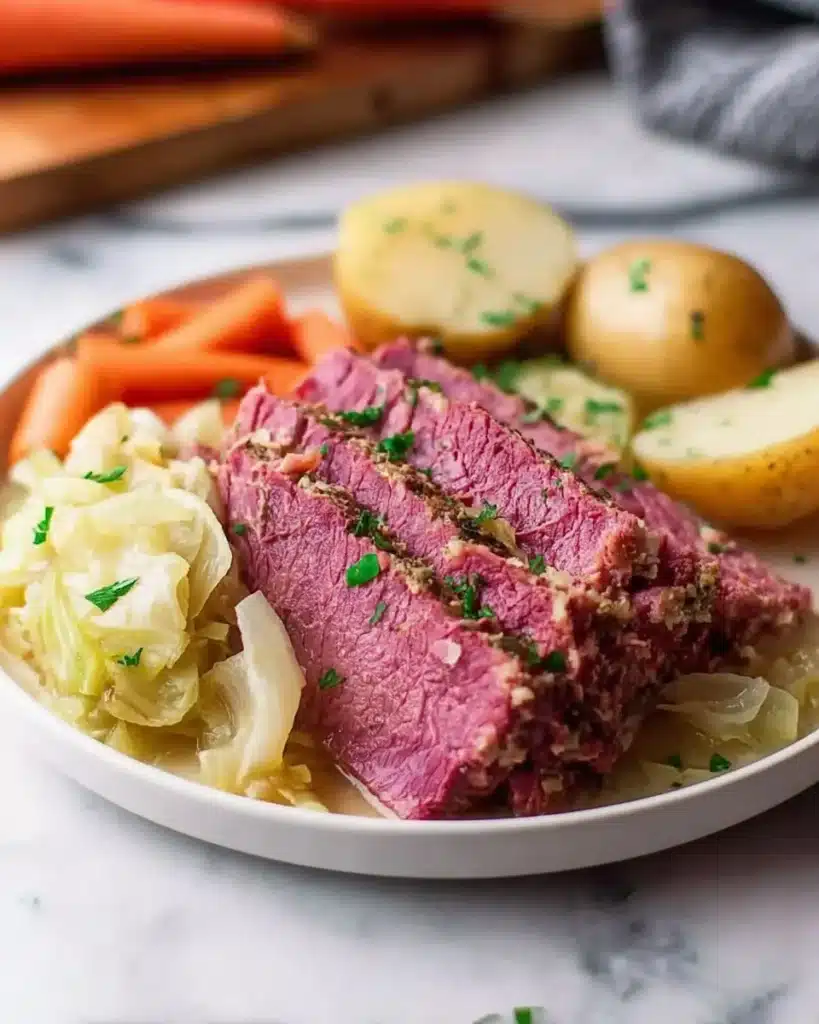 One pot corned beef and cabbage dish garnished and ready to serve.