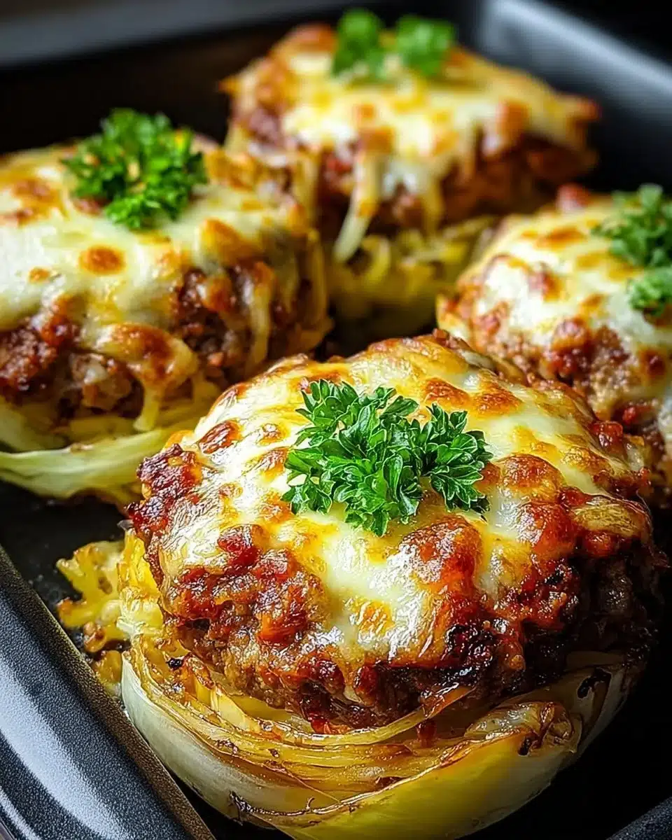 Oven-baked cabbage burgers on a plate, garnished with herbs.